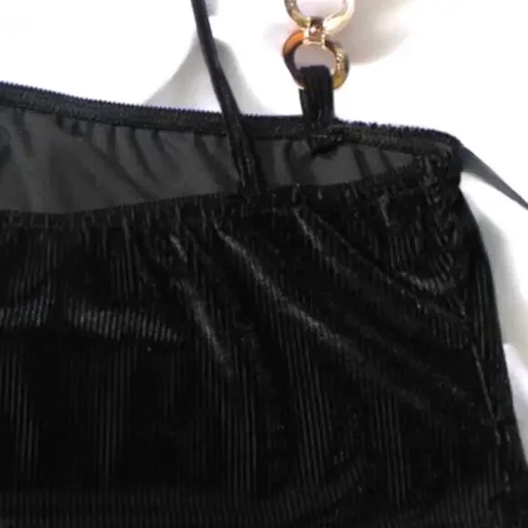 Boohoo Black Ribbed Velour Spaghetti Straps Bandeau Crop Top ~ size 8, Pre-loved - Picture 2 of 10